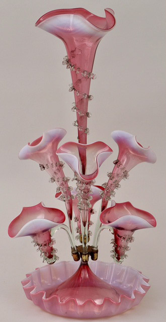 097a - Large 19th Century Cranberry & Opalescent  Seven Horn Epergne