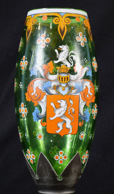 350b - Contemporary green vase with silver-plate, 14 in. T.