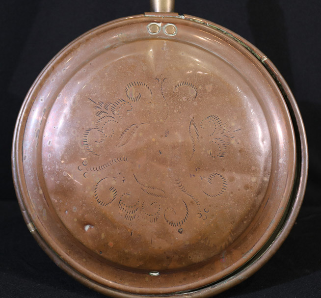 376b - Copper bed warmer, 43 in. T, 12 in. D.