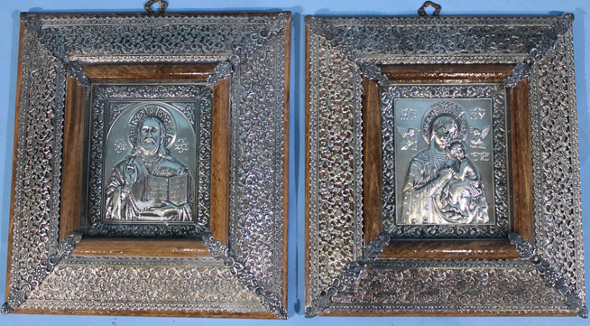 006a - Pair of Greek religious icons framed with sterling-silver overlay, 9.5 x 9