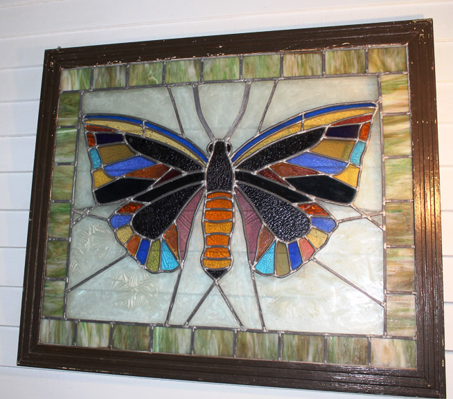 300a - Square stained glass framed butterfly, 35 x 42
