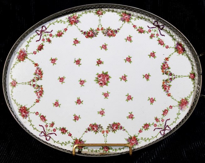301a - Early dresser porcelain tray with silver-plate handles