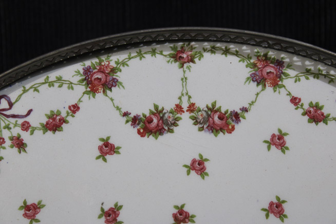 301b - Early dresser porcelain tray with silver-plate handles