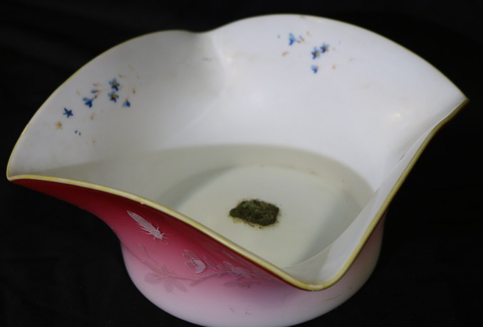 389d - Peach blow square pink satin bowl, hand blown