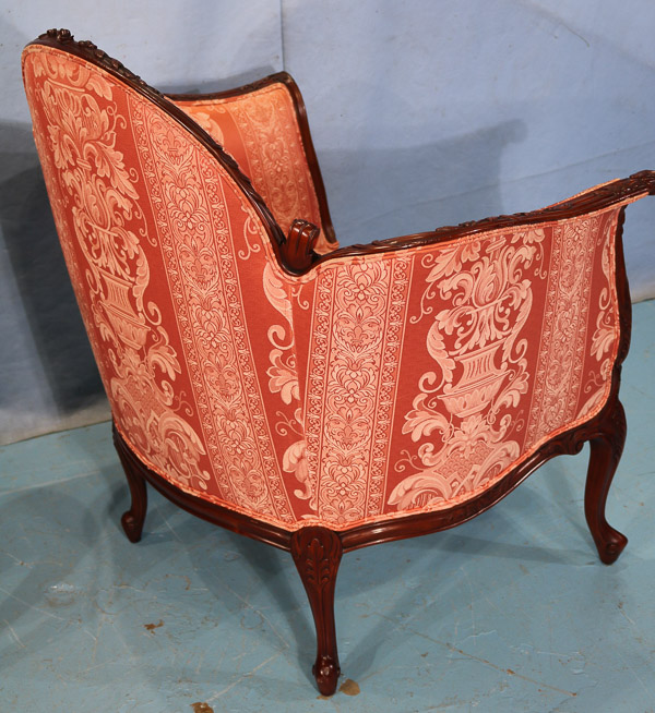 097f - Pair of French walnut parlor chairs in pristine condition with peach color upholstery, 37 in. T, 34 in. W, 22 in. D.