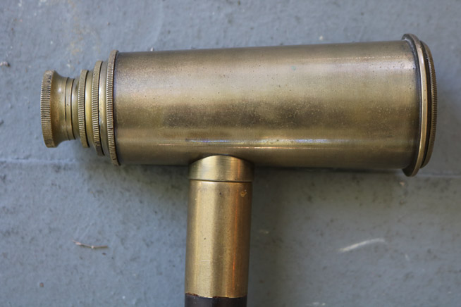 229c - Antique brass walking cane with telescope on handle