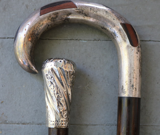 240c - 2 black wood walking canes with silver handles