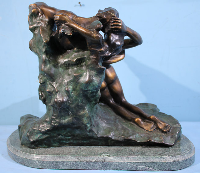 227d - Bronze titled, Eternal Spring by Auguste Rodin on green marble base, 15 in. T, 19 in. W, 11 in. D.