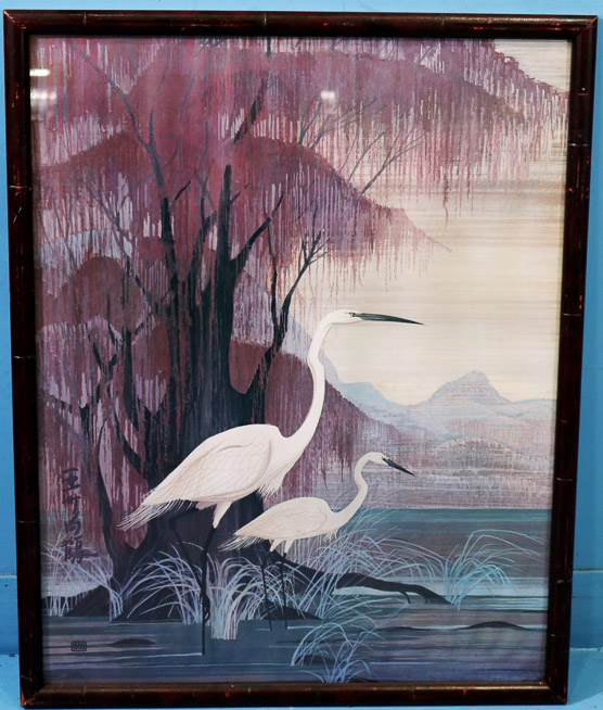 410a - Print of crane's in bamboo frame by Hero Nim, 30 in. T, 24 in. W.