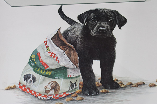 423b - Vintage Purina dog food advertising poster unframed, titled, Chow Time, artist signed Tara Moore