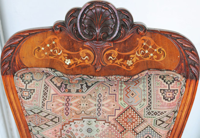 305c - Mahogany Inlaid Desk Chair wCarved Crown39.5T, 20W, 17D