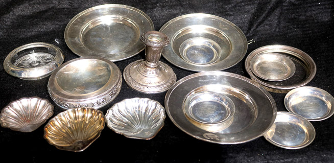 235a - 15 misc. sterling items, plates, coasters and candlestick