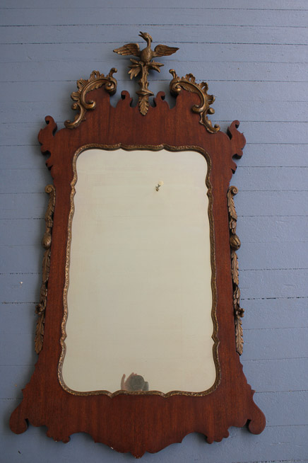 001a - Mahogany Federal wall mirror with eagle crown and ornate trim, 50 x 25