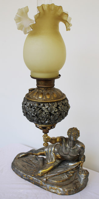 024f - Victorian lamp with Greek soldier holding lamp, Soldat Spartiate not signed, 34 in. T, 18 in. W, 6 in. D.