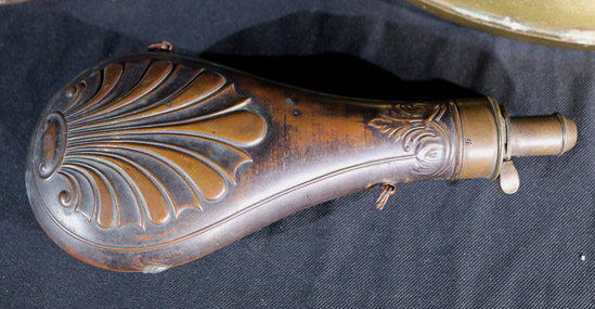 353b - Brass powder horn, iron and bed warmer