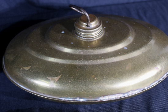 353c - Brass powder horn, iron and bed warmer