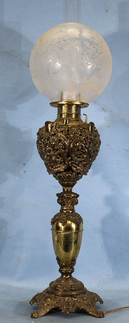 016a - Brass Victorian banquet lamp, electrified, 35 in. T.