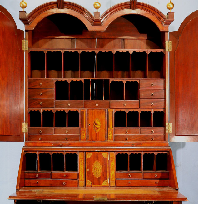 17k - Period mahogany secretary with beautiful fitted interior and inlaid doors, ca. 1830, 91 in. T, 48 in. W, 23 in. D.