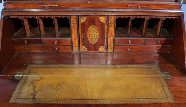 17l - Period mahogany secretary with beautiful fitted interior and inlaid doors, ca. 1830, 91 in. T, 48 in. W, 23 in. D.